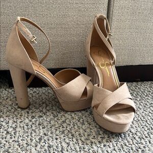 Jessica Simpson | Tan Chunky Heel Sandals with Ankle Strap